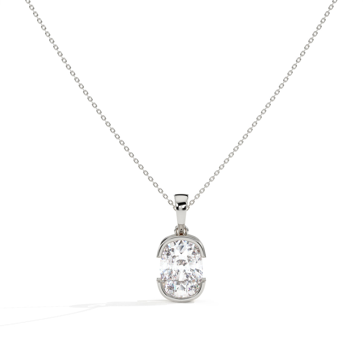 Corinna elongated cushion lab-grown diamond half-bezel pendant necklace in 14K (585) white gold, front view 