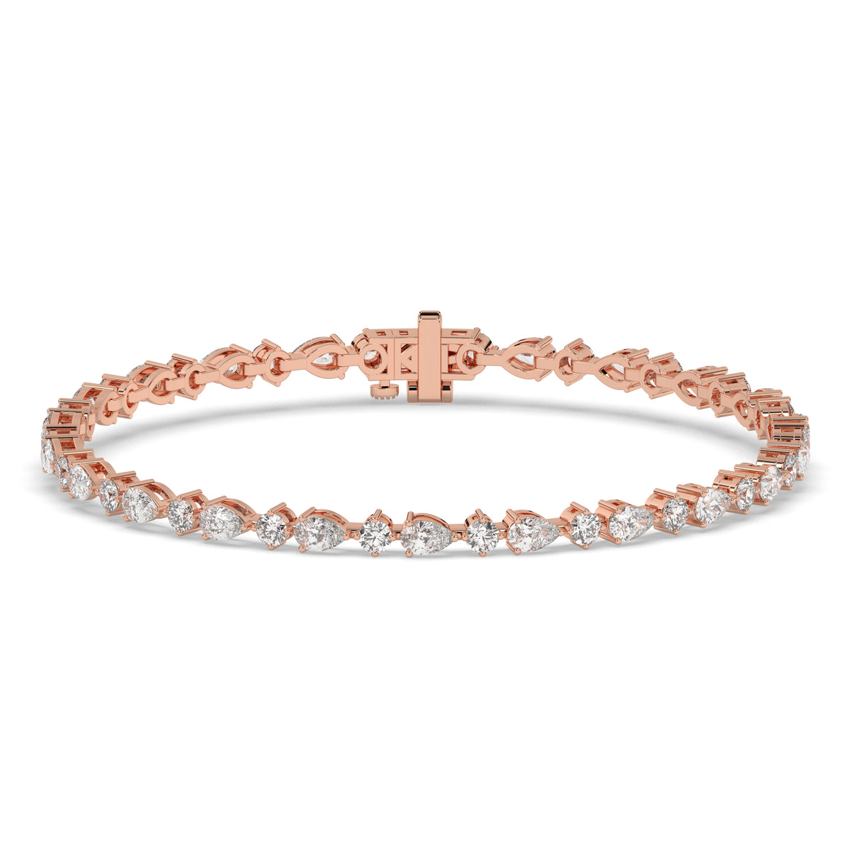 Delia pear and round lab-grown diamond tennis bracelet in 14K (585) rose gold, front view 