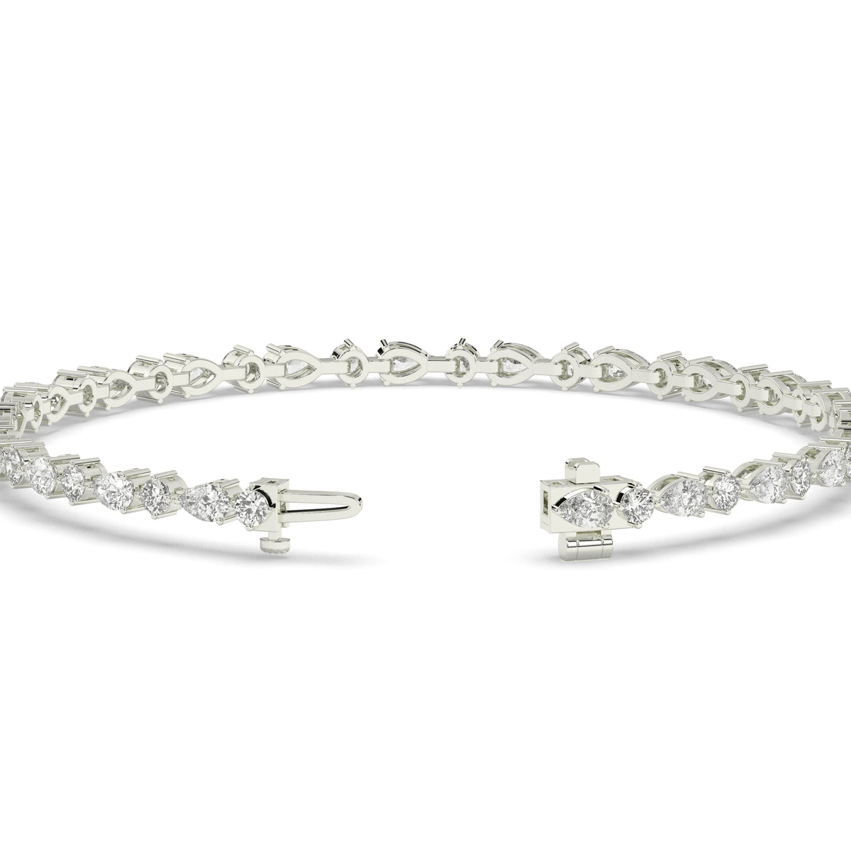 Delia pear and round lab-grown diamond tennis bracelet in 14K (585) white gold, clasp open, detail view 