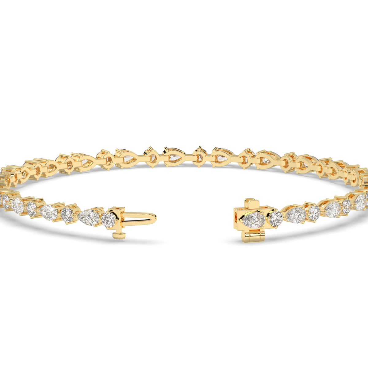 Delia pear and round lab-grown diamond tennis bracelet in 14K (585) yellow gold, clasp open, detail view 