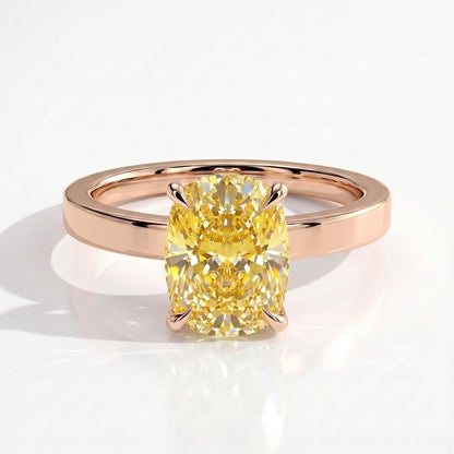 Fancy Vivid Yellow elongated cushion lab-grown diamond engagement ring with flat cigar band and hidden halo in 14K (585) rose gold, front view 