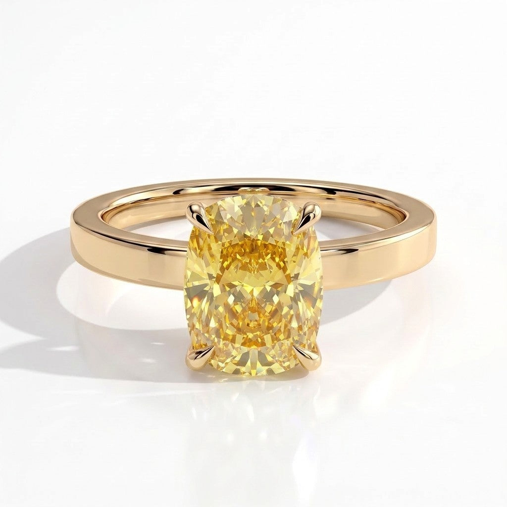 Fancy Vivid Yellow elongated cushion lab-grown diamond engagement ring with flat cigar band and hidden halo in 14K (585) yellow gold, front view 