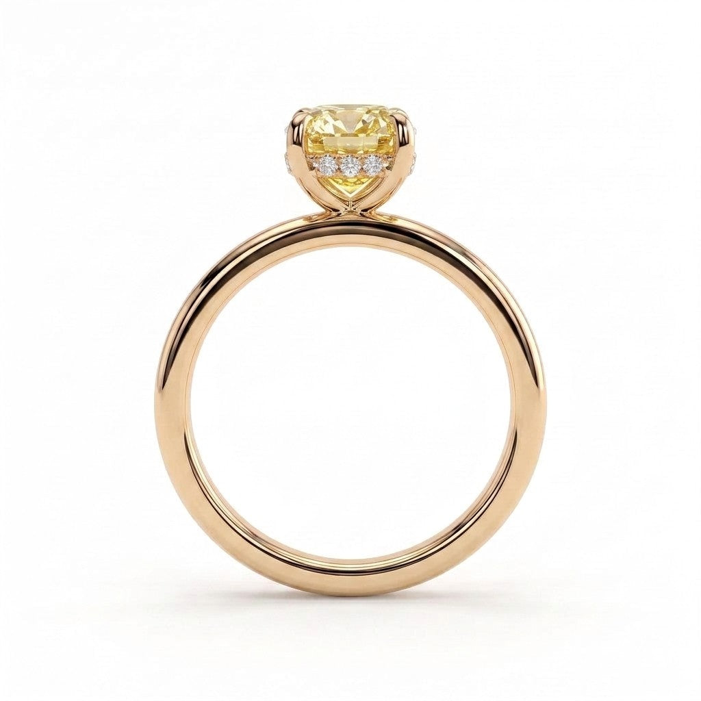Fancy Vivid Yellow elongated cushion lab-grown diamond engagement ring with flat cigar band and hidden halo in 18K (750) yellow gold, side profile showing the hidden halo 