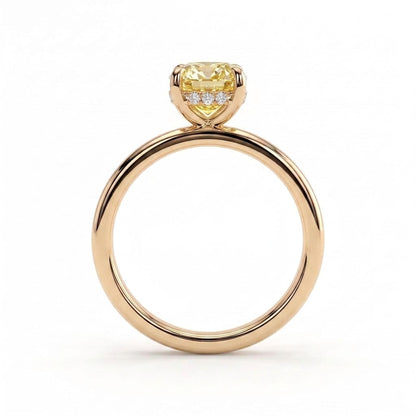 Fancy Vivid Yellow elongated cushion lab-grown diamond engagement ring with flat cigar band and hidden halo in 18K (750) yellow gold, side profile showing the hidden halo 