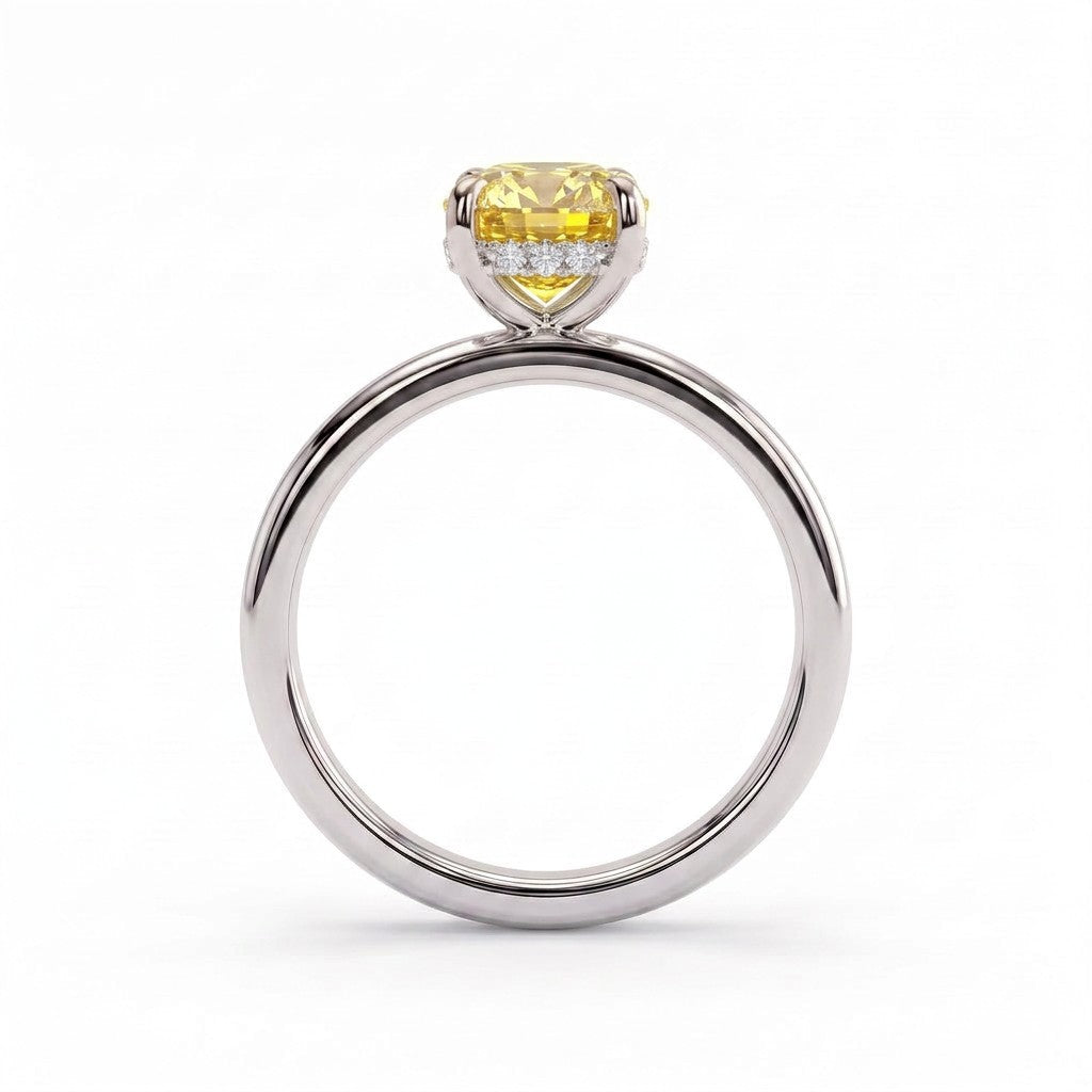 Fancy Vivid Yellow elongated cushion lab-grown diamond engagement ring with flat cigar band and hidden halo in 950 platinum, side profile showing the hidden halo 