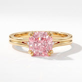 Fancy Vivid Pink cushion lab-grown diamond split shank ring in 14K (585) yellow gold, top view 