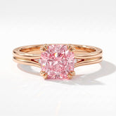 Fancy Vivid Pink cushion lab-grown diamond split shank ring in 14K (585) rose gold, top view 