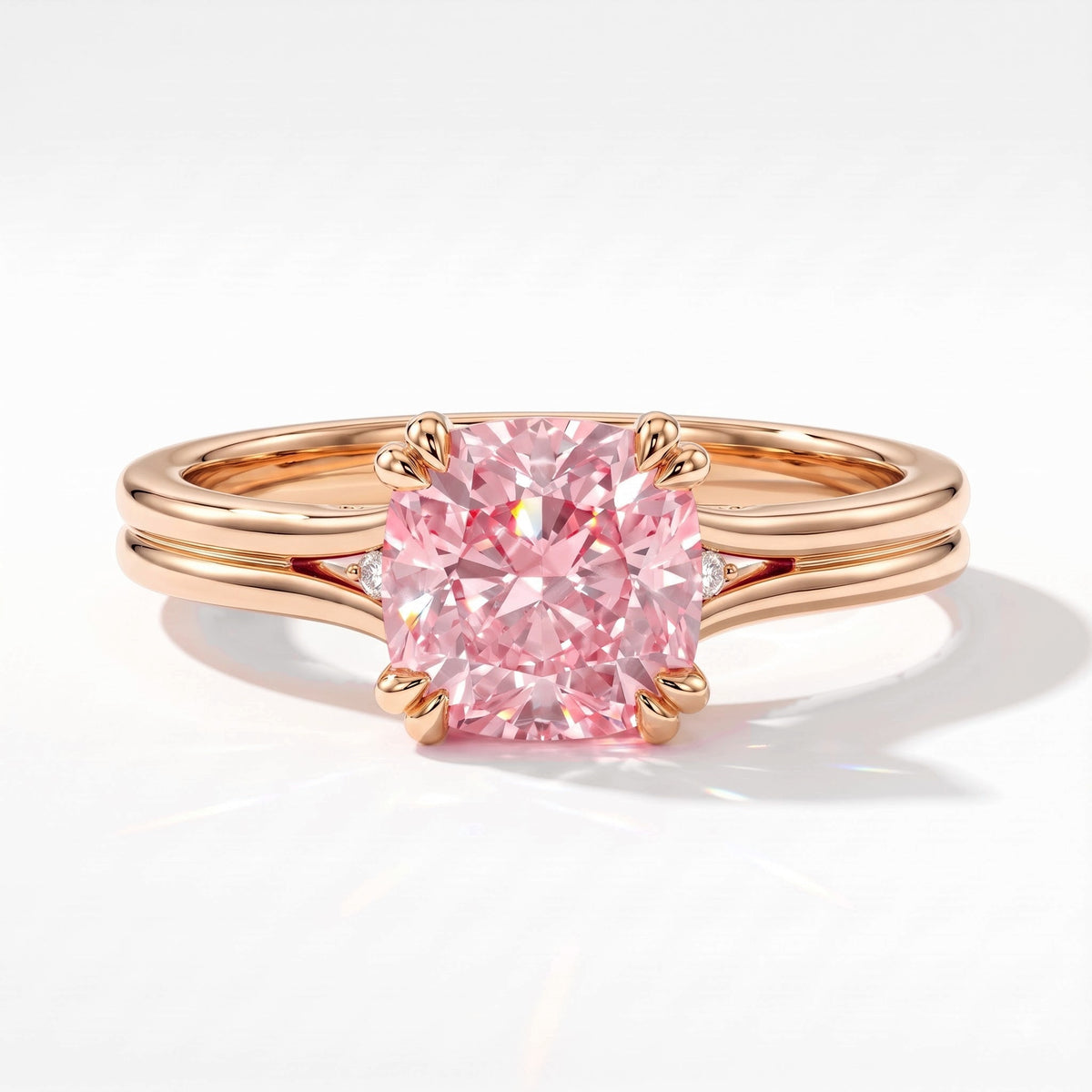 Fancy Vivid Pink cushion lab-grown diamond split shank ring in 14K (585) rose gold, top view 