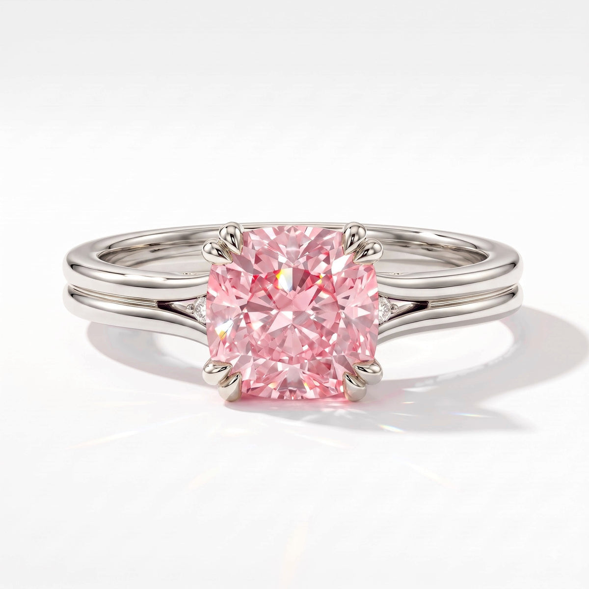 Fancy Vivid Pink cushion lab-grown diamond split shank ring in 18K (750) white gold, top view 