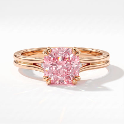 Fancy Vivid Pink cushion lab-grown diamond split shank ring in 18K (750) rose gold, top view 