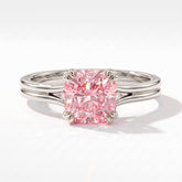 Fancy Vivid Pink cushion lab-grown diamond split shank ring in 950 platinum, top view 