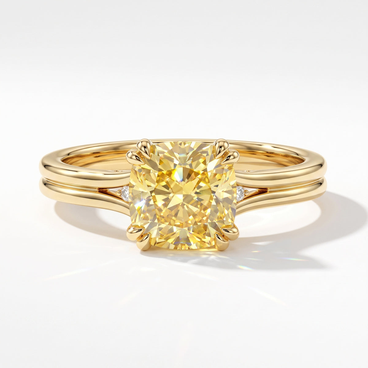 Fancy Vivid Yellow cushion lab-grown diamond split shank ring in 14K (585) yellow gold, top view 