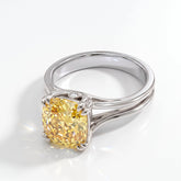 Fancy Vivid Yellow cushion lab-grown diamond split shank ring in 14K (585) white gold, angled view 