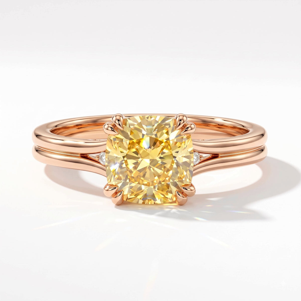 Fancy Vivid Yellow cushion lab-grown diamond split shank ring in 14K (585) rose gold, top view 