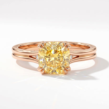 Fancy Vivid Yellow cushion lab-grown diamond split shank ring in 14K (585) rose gold, top view 