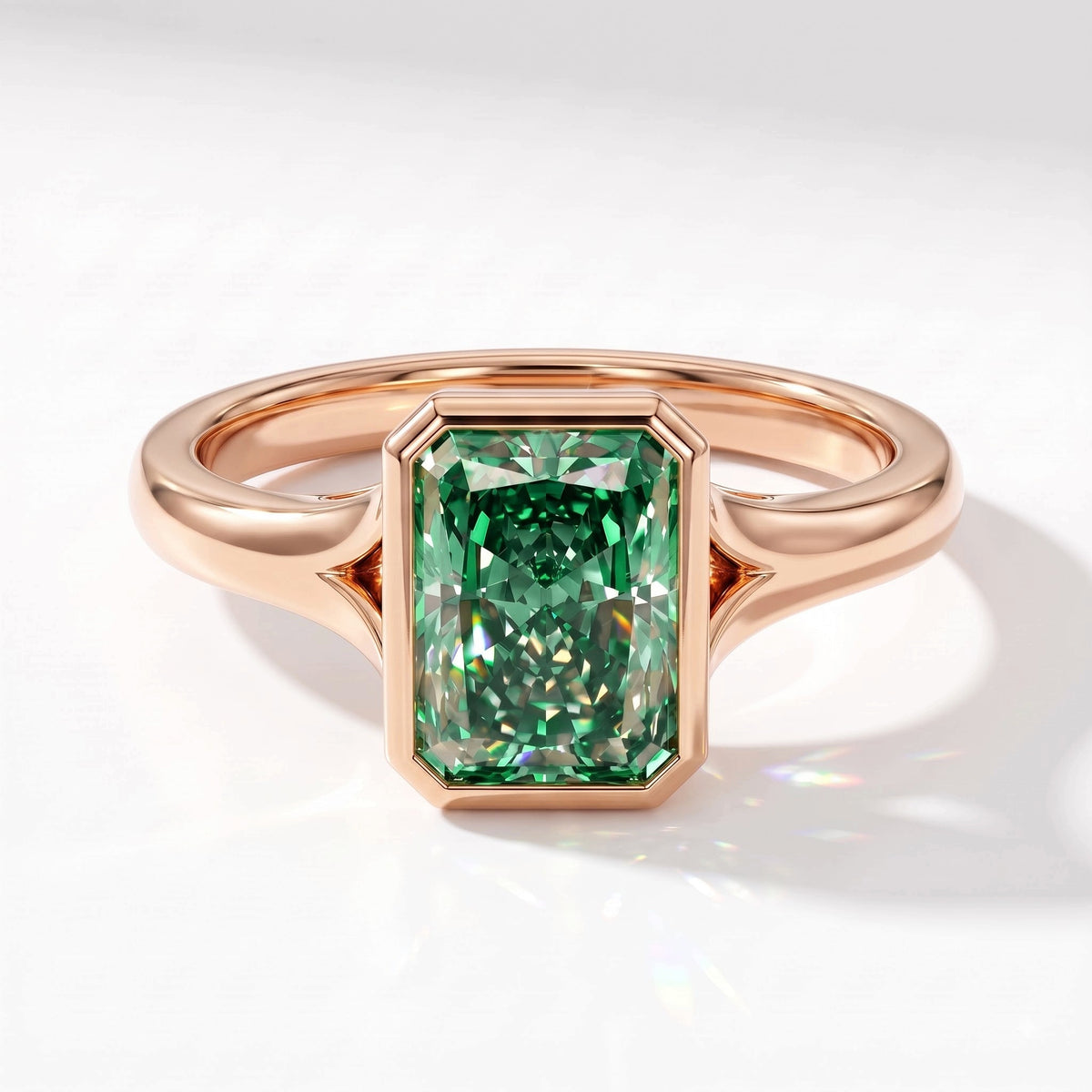 Fancy Vivid Green radiant lab-grown diamond bezel ring in 14K (585) rose gold, angled top view 
