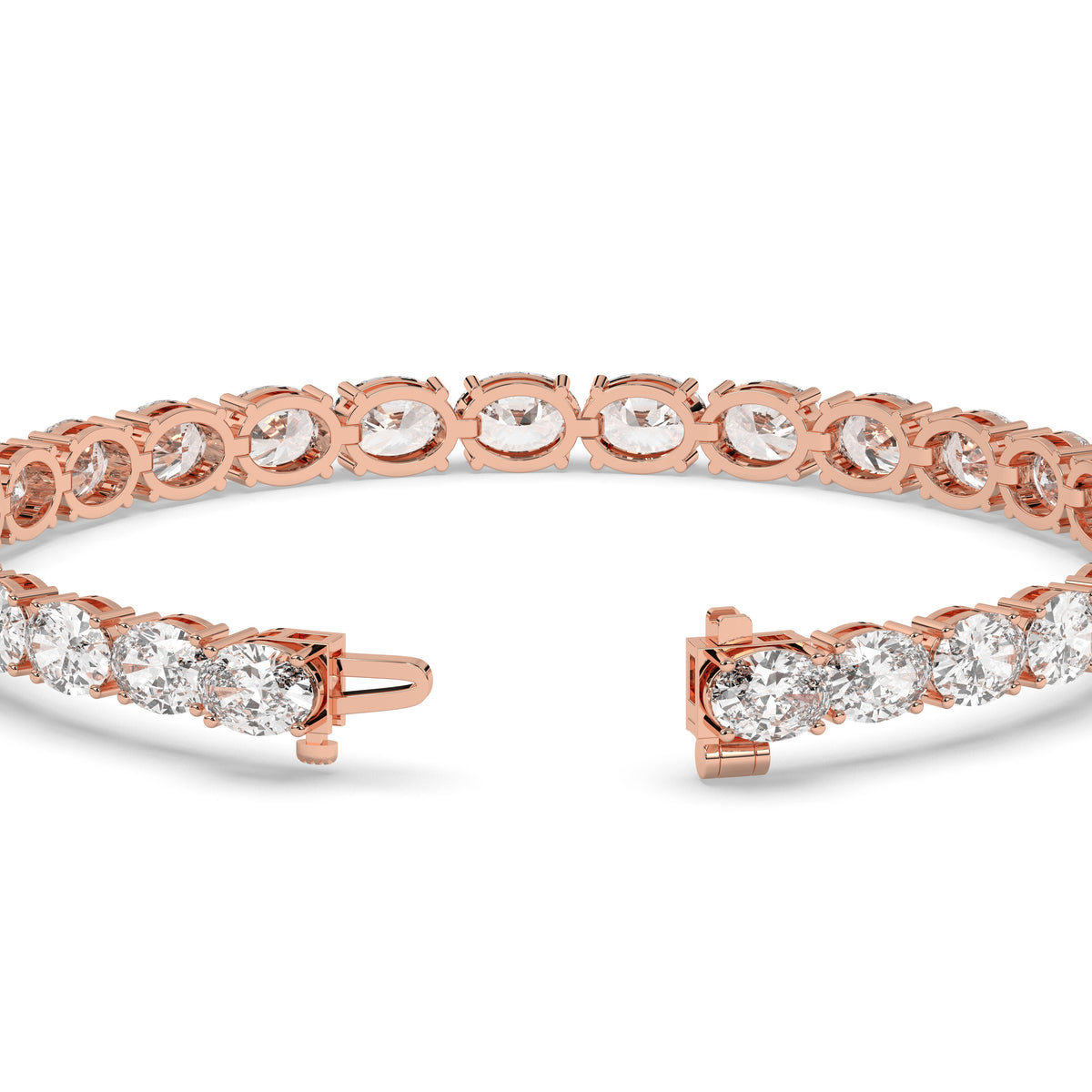 Elvira east-west oval lab-grown diamond tennis bracelet in 14K (585) rose gold, clasp open, detail view 