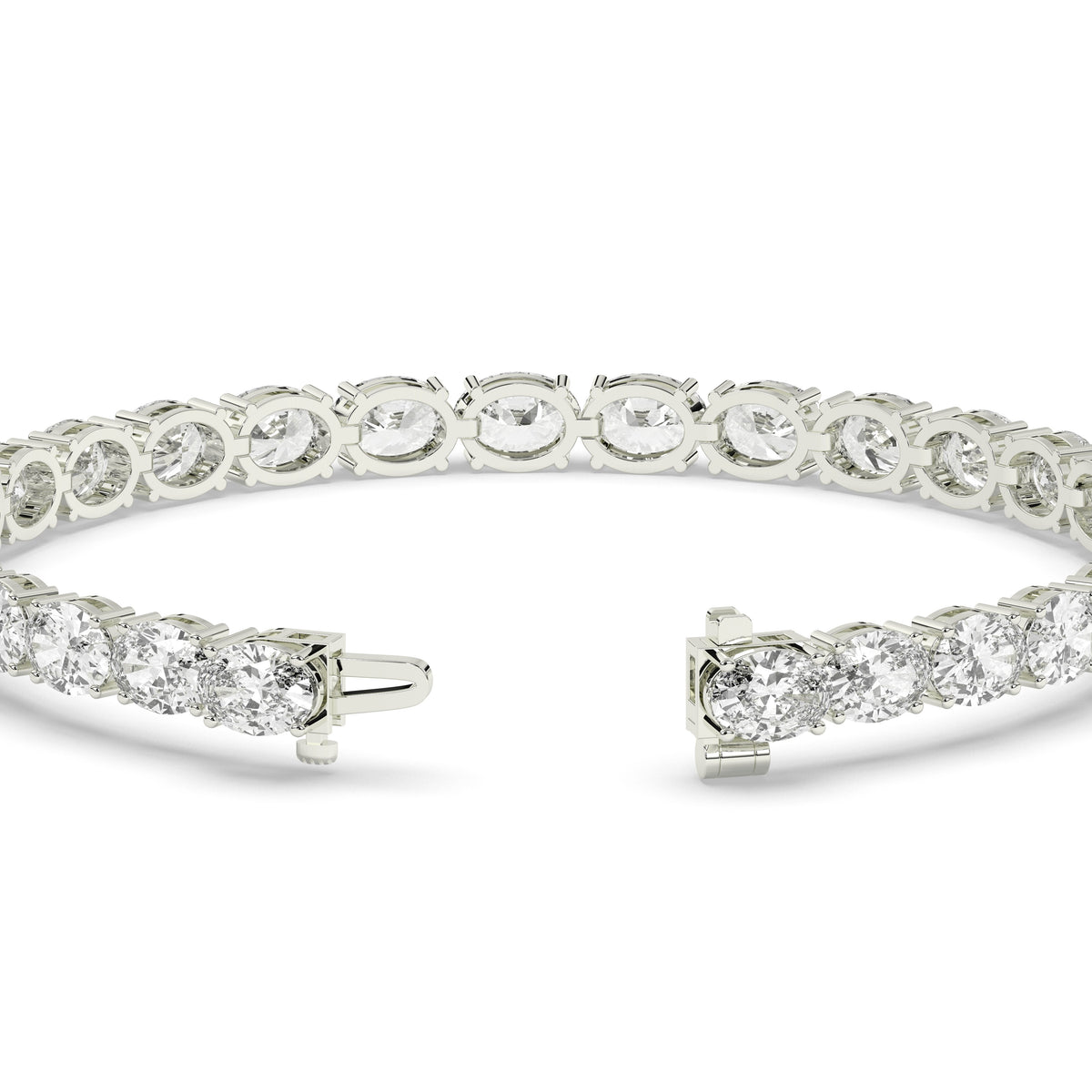 Elvira east-west oval lab-grown diamond tennis bracelet in 14K (585) white gold, clasp open, detail view 