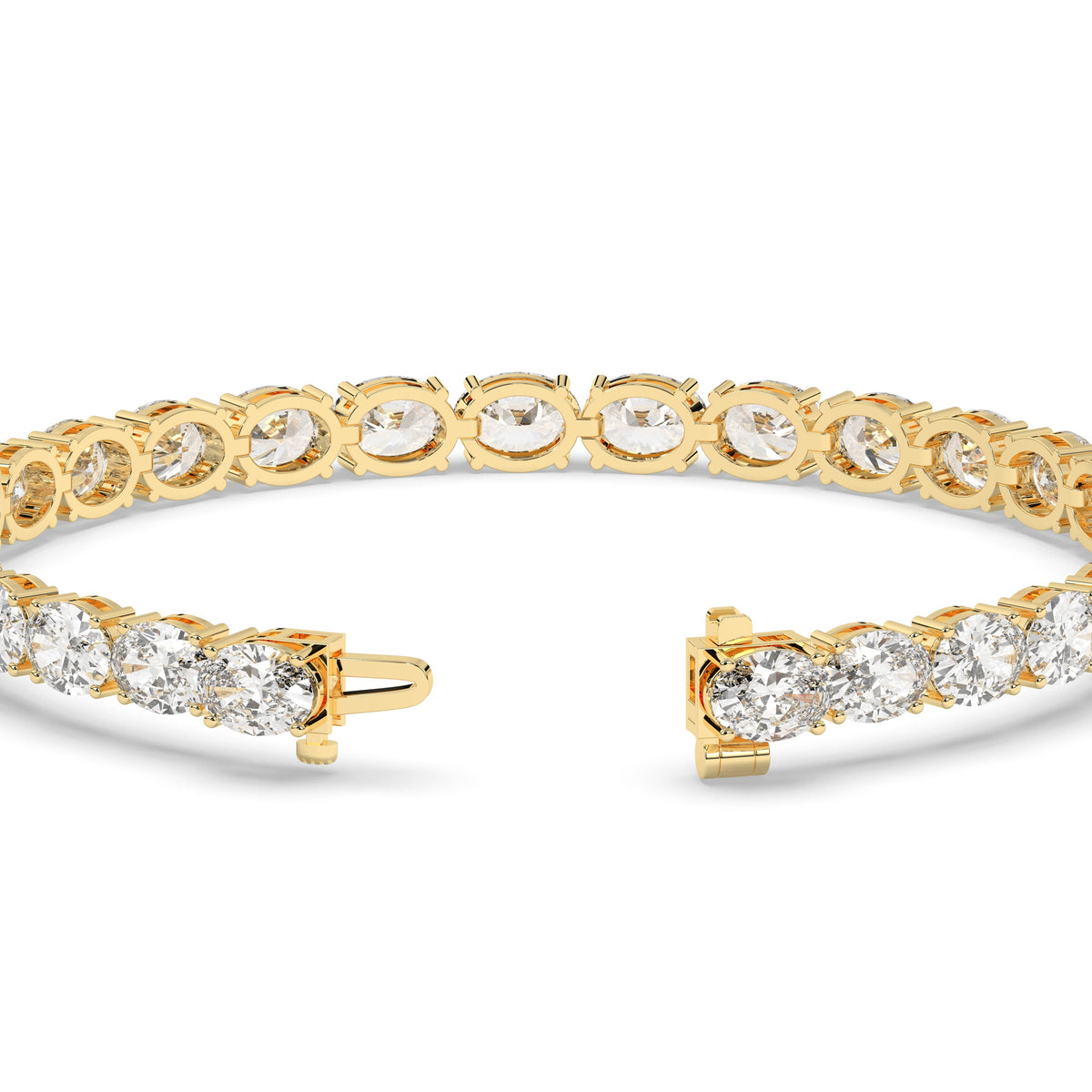 Elvira east-west oval lab-grown diamond tennis bracelet in 14K (585) yellow gold, clasp open, detail view 