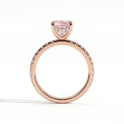 Fancy Vivid Pink elongated cushion lab-grown diamond engagement ring with hidden halo and pavé band in 14K (585) rose gold, side profile showing the hidden halo 
