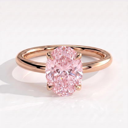 Fancy Vivid Pink oval lab-grown diamond solitaire engagement ring with petal gallery and hidden tiara in 18K (750) rose gold, front view 