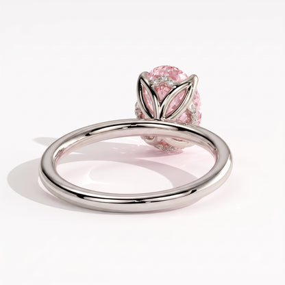 Fancy Vivid Pink oval lab-grown diamond solitaire engagement ring with petal gallery and hidden tiara in 18K (750) white gold, back view 