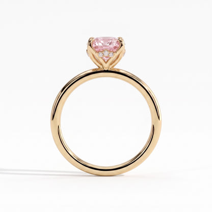 Fancy Vivid Pink oval lab-grown diamond solitaire engagement ring with petal gallery and hidden tiara in 18K (750) yellow gold, side profile showing the petal gallery 