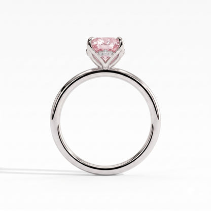 Fancy Vivid Pink oval lab-grown diamond solitaire engagement ring with petal gallery and hidden tiara in 950 platinum, side profile showing the petal gallery 