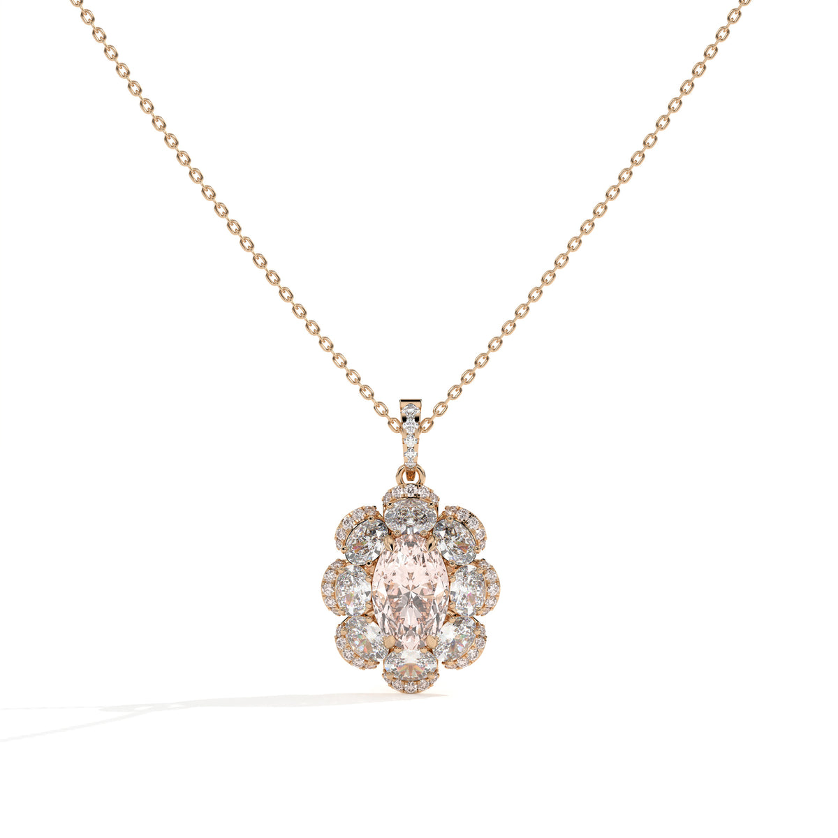 Florine Blüten-Halskette mit rosa ovalem Labordiamanten aus 585 Roségold, Vorderansicht 