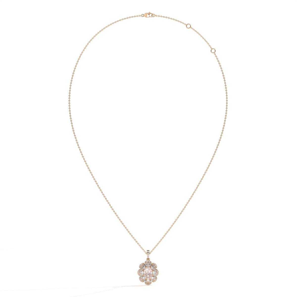 Florine Blüten-Halskette mit rosa ovalem Labordiamanten aus 585 Roségold, Ansicht der ganzen Kette 
