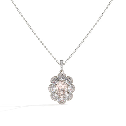 Florine Blüten-Halskette mit rosa ovalem Labordiamanten aus 585 Weißgold, Vorderansicht 