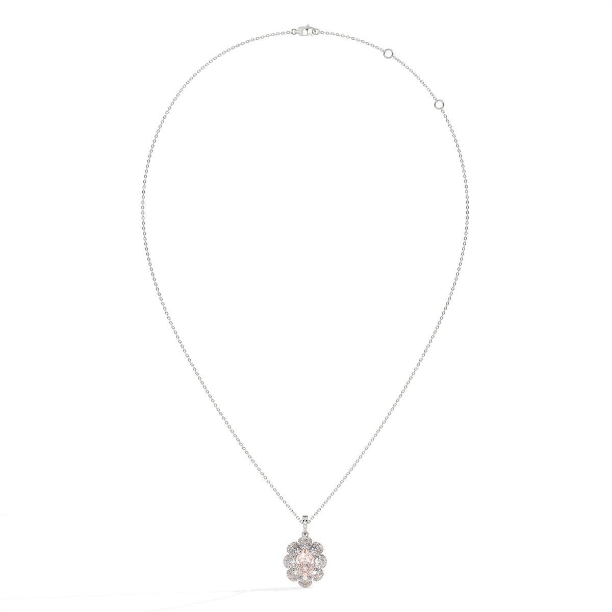 Florine Blüten-Halskette mit rosa ovalem Labordiamanten aus 585 Weißgold, Ansicht der ganzen Kette 