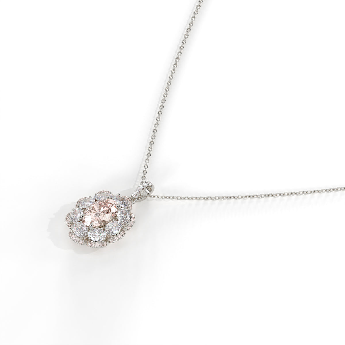Florine Blüten-Halskette mit rosa ovalem Labordiamanten aus 585 Weißgold, Seitenansicht 