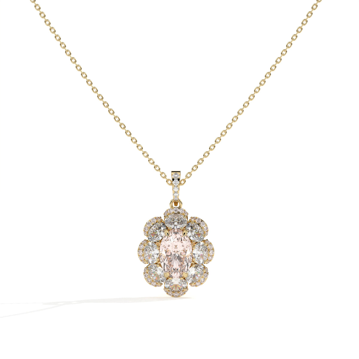 Florine Blüten-Halskette mit rosa ovalem Labordiamanten aus 585 Gelbgold, Vorderansicht 