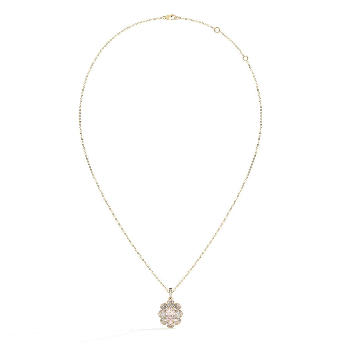 Florine Blüten-Halskette mit rosa ovalem Labordiamanten aus 585 Gelbgold, Ansicht der ganzen Kette 