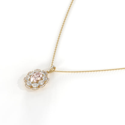 Florine Blüten-Halskette mit rosa ovalem Labordiamanten aus 585 Gelbgold, Seitenansicht 