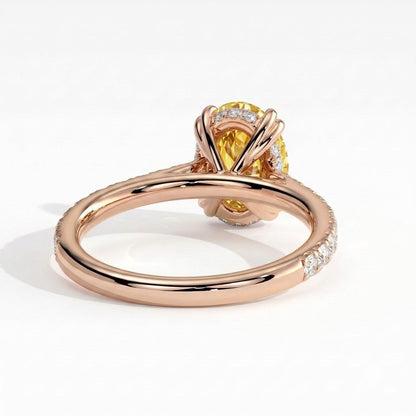 Fancy Vivid Yellow oval lab-grown diamond double claw engagement ring with pavé band and hidden halo in 14K (585) rose gold, back view showing the hidden halo 