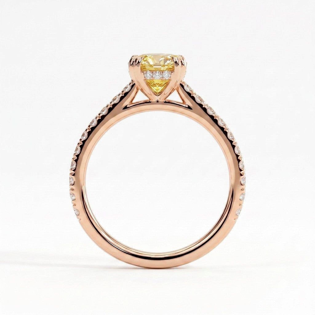 Fancy Vivid Yellow oval lab-grown diamond double claw engagement ring with pavé band and hidden halo in 14K (585) rose gold, side profile showing the cathedral setting 