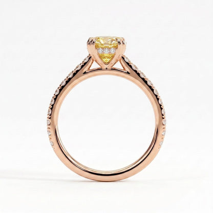 Fancy Vivid Yellow oval lab-grown diamond double claw engagement ring with pavé band and hidden halo in 14K (585) rose gold, side profile showing the cathedral setting 