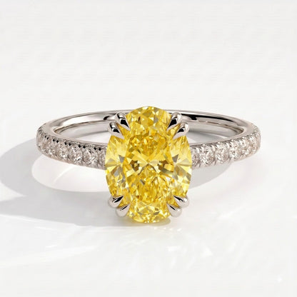 Fancy Vivid Yellow oval lab-grown diamond double claw engagement ring with pavé band and hidden halo in 14K (585) white gold, front view 