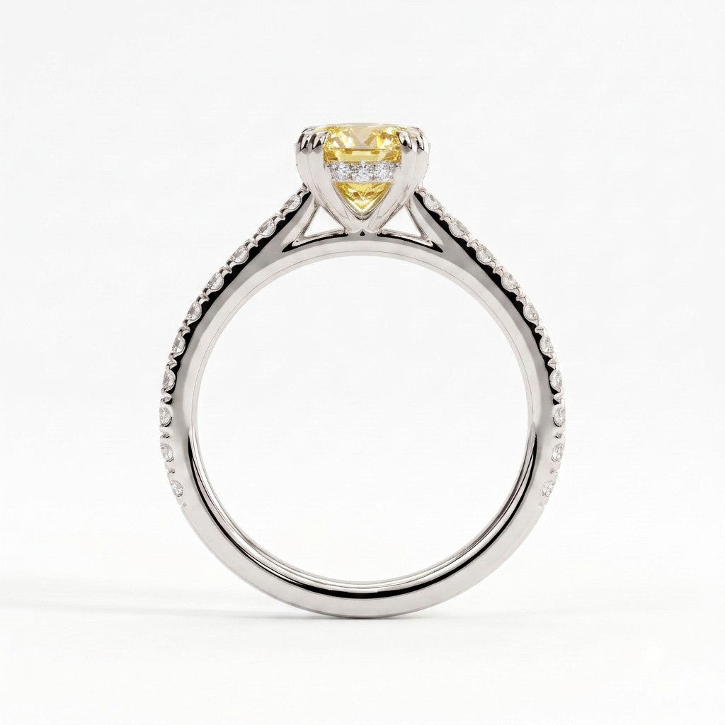 Fancy Vivid Yellow oval lab-grown diamond double claw engagement ring with pavé band and hidden halo in 14K (585) white gold, side profile showing the cathedral setting 