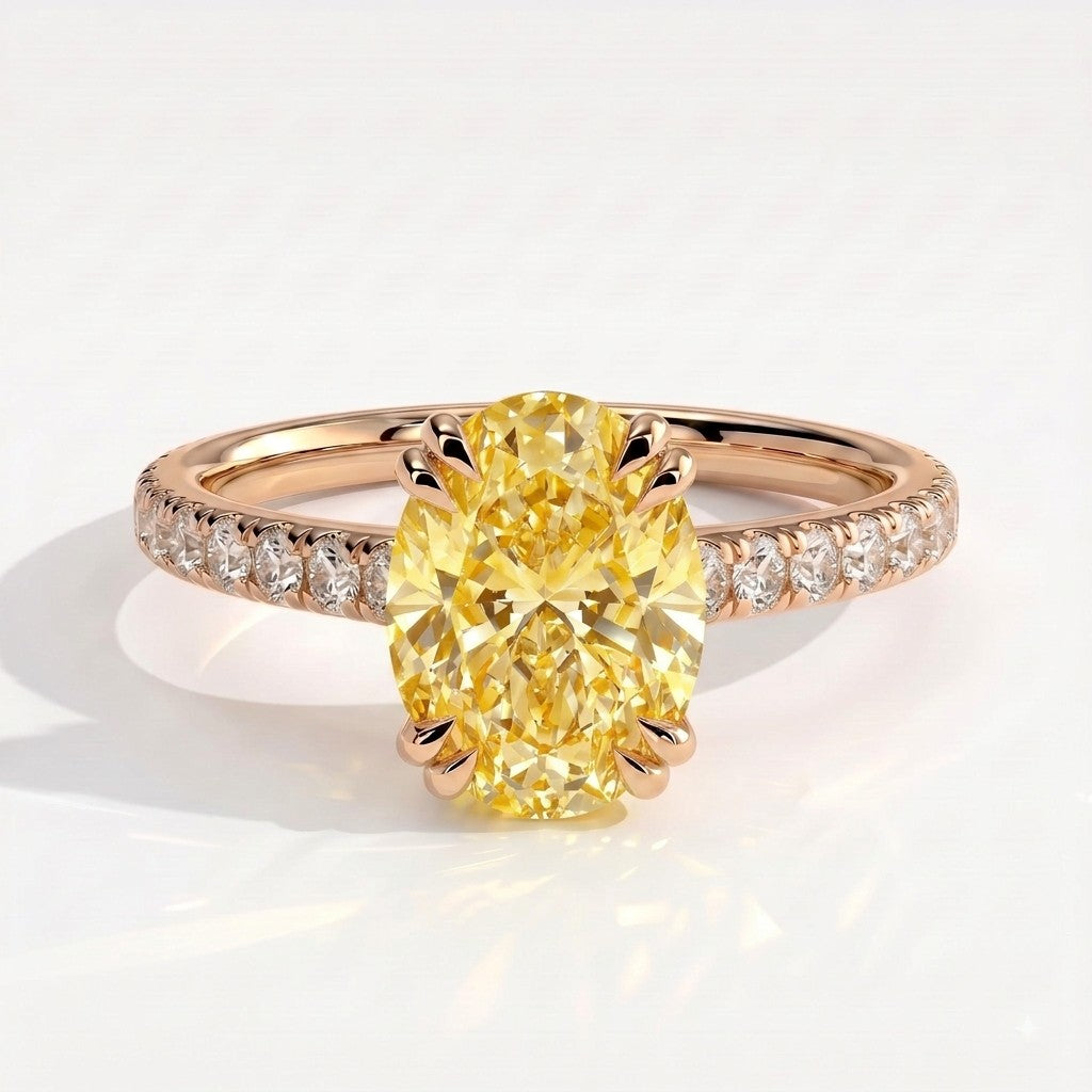 Fancy Vivid Yellow oval lab-grown diamond double claw engagement ring with pavé band and hidden halo in 18K (750) rose gold, front view 