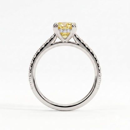Fancy Vivid Yellow oval lab-grown diamond double claw engagement ring with pavé band and hidden halo in 18K (750) white gold, side profile showing the cathedral setting 