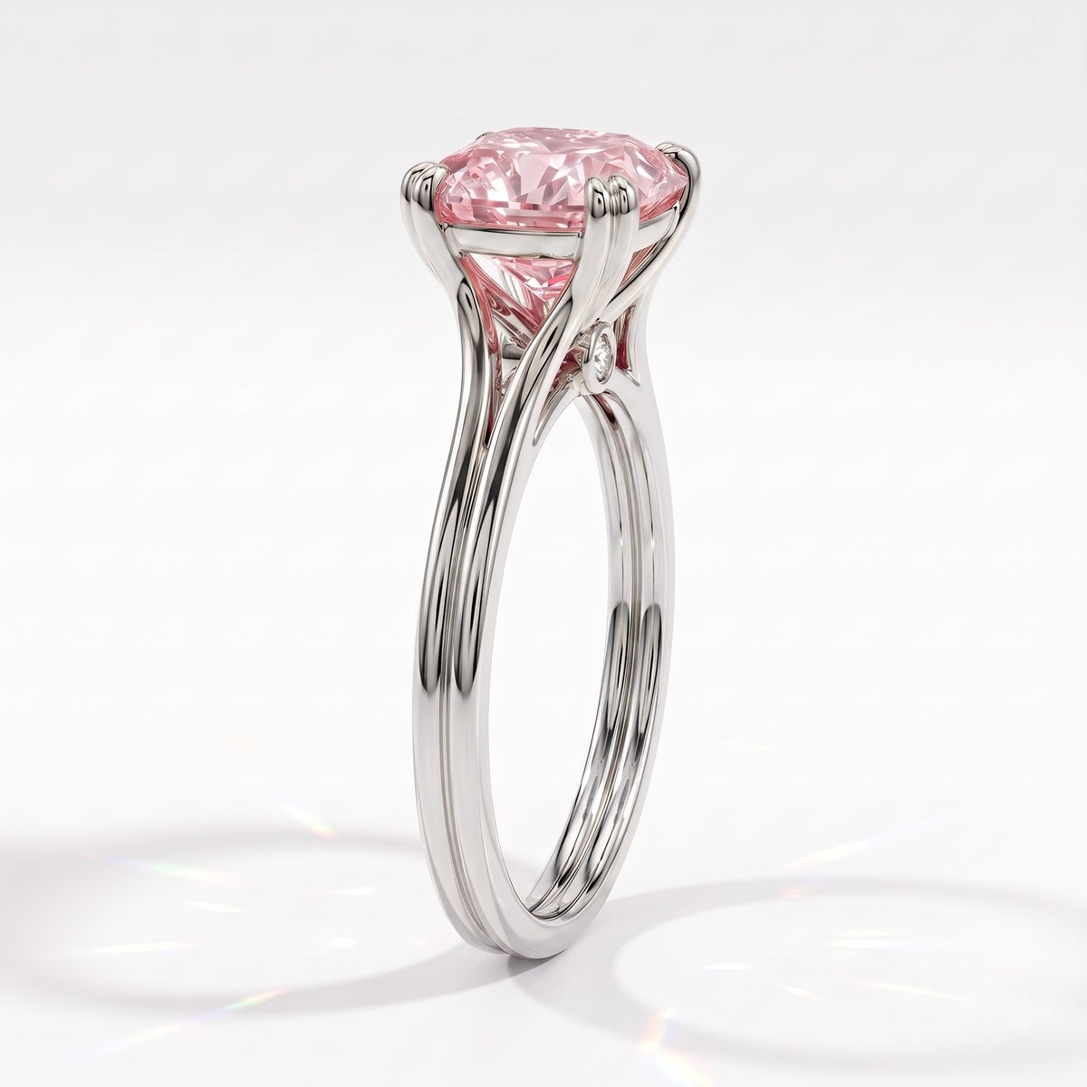 Fancy Vivid Pink cushion lab-grown diamond split shank ring in 950 platinum, side profile 