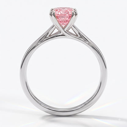 Fancy Vivid Pink cushion lab-grown diamond split shank ring in 14K (585) white gold, front view 