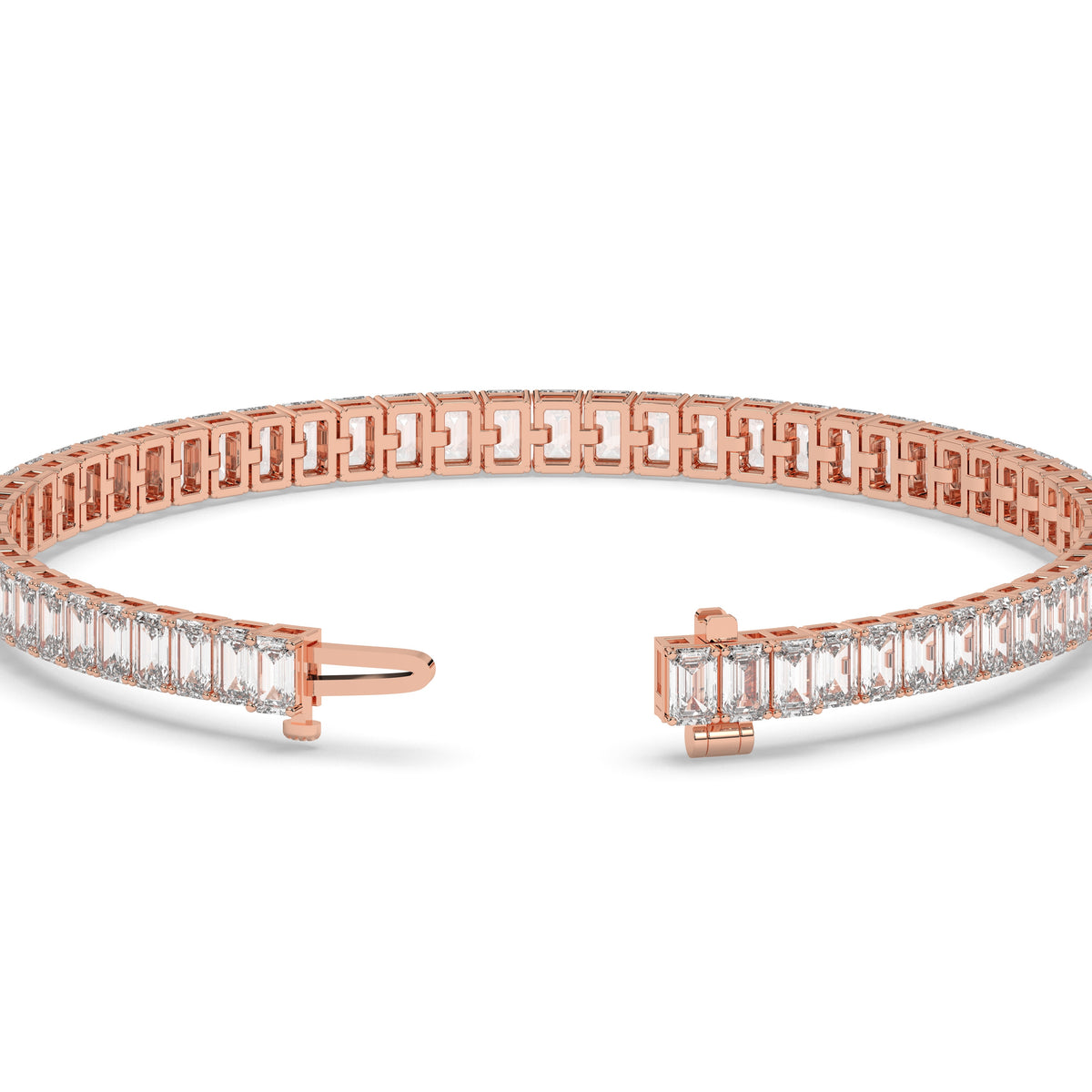 Gwen Tennisarmband mit Labordiamanten im Smaragdschliff aus 585 Roségold, Verschluss geöffnet, Detailansicht 