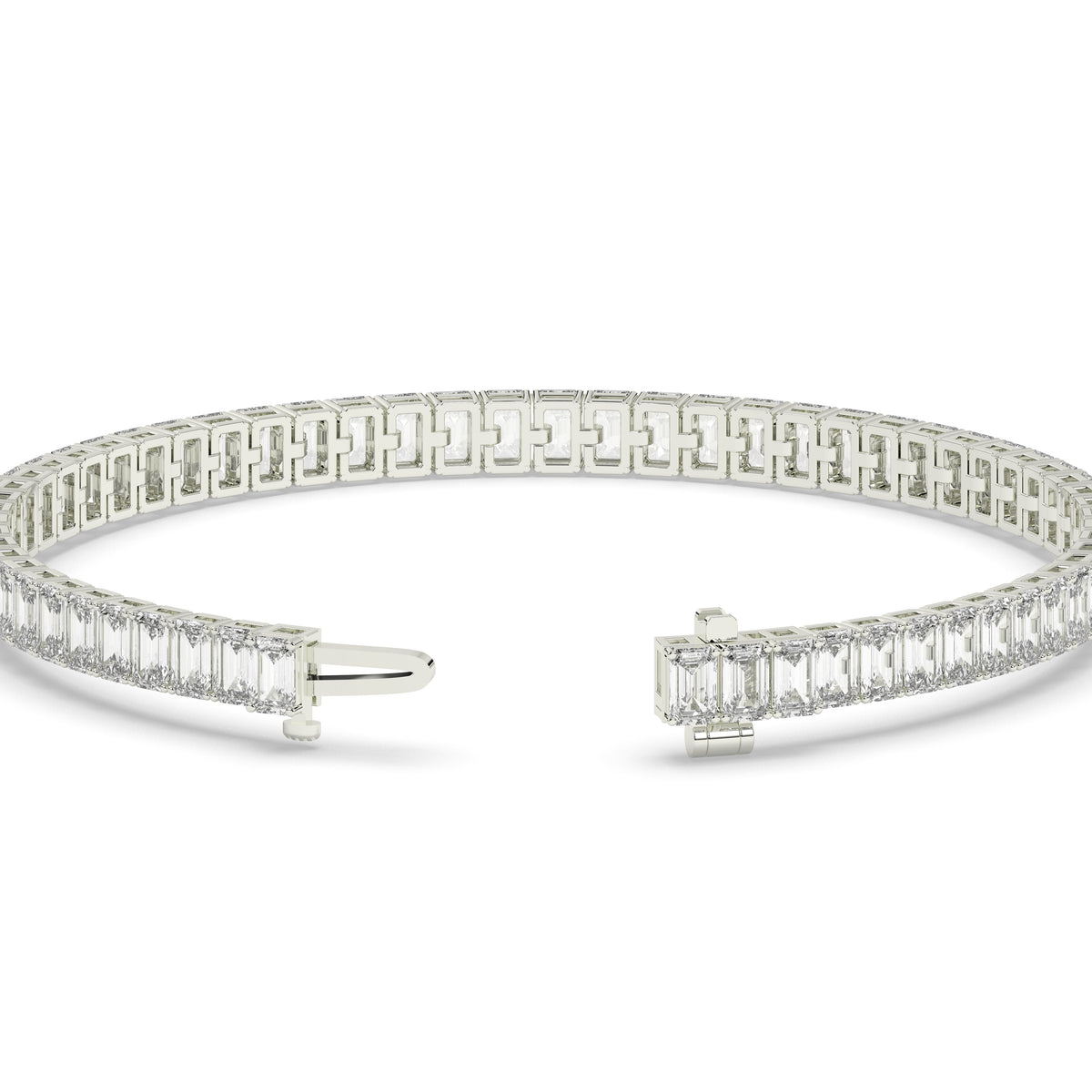 Gwen Tennisarmband mit Labordiamanten im Smaragdschliff aus 585 Weißgold, Verschluss geöffnet, Detailansicht 