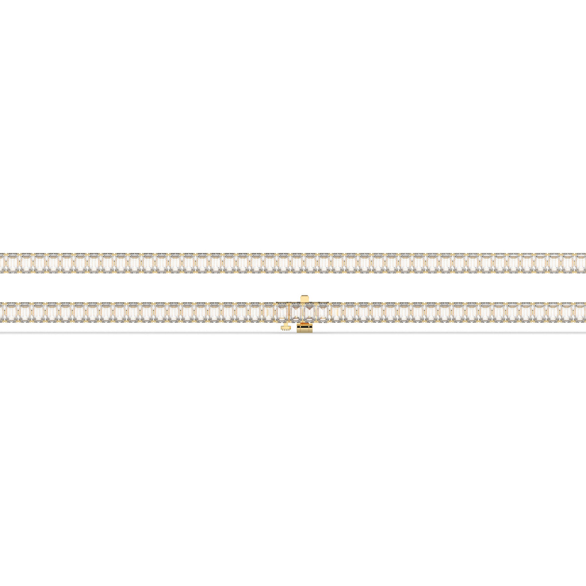 Gwen Tennisarmband mit Labordiamanten im Smaragdschliff aus 585 Gelbgold, flach liegend, volle Länge 