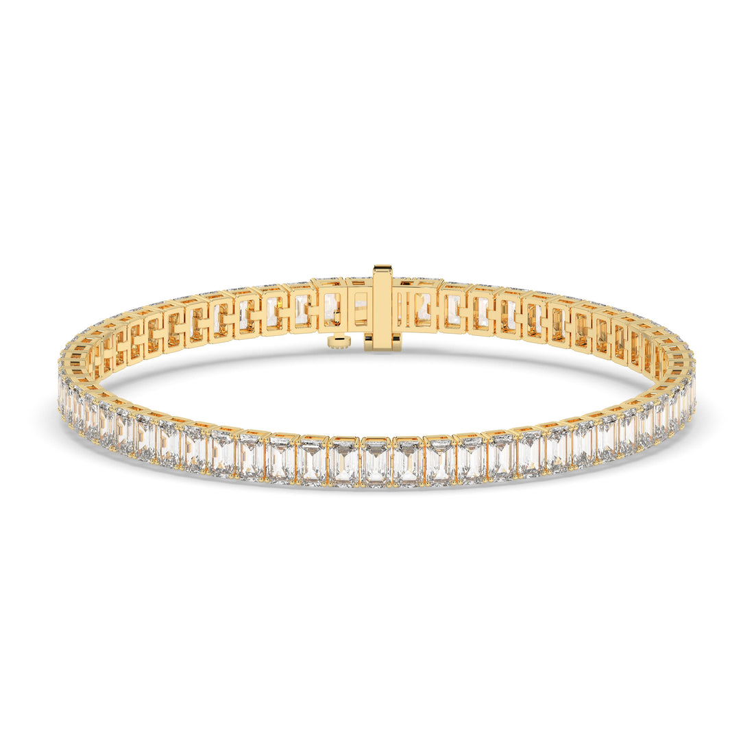 Gwen Tennisarmband mit Labordiamanten im Smaragdschliff aus 585 Gelbgold, Vorderansicht 