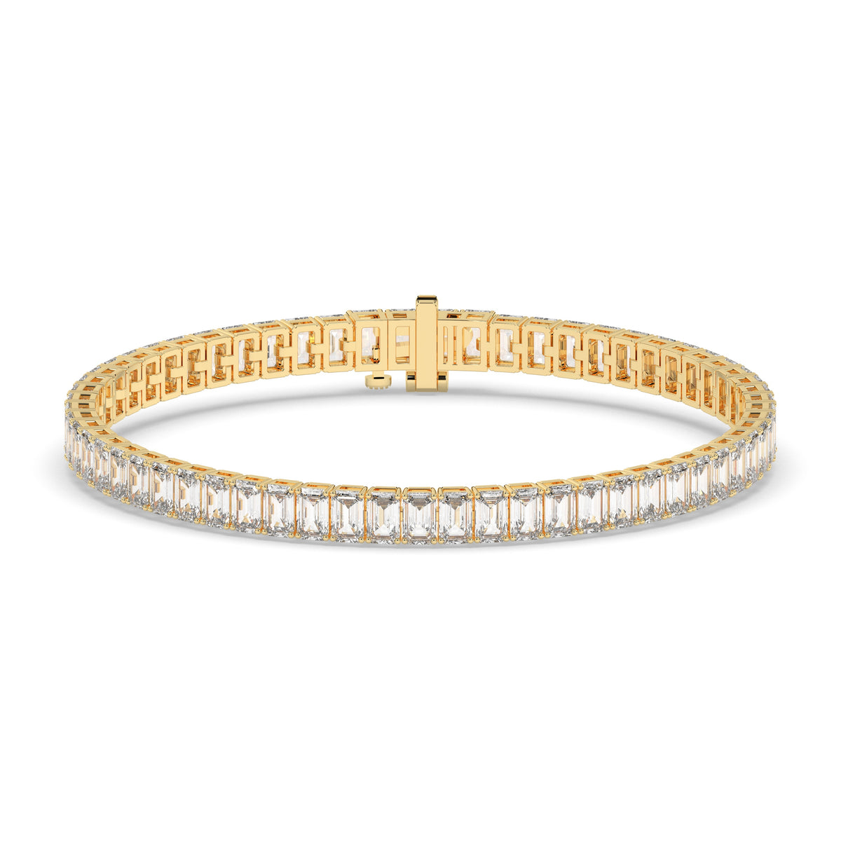 Gwen Tennisarmband mit Labordiamanten im Smaragdschliff aus 585 Gelbgold, Vorderansicht 